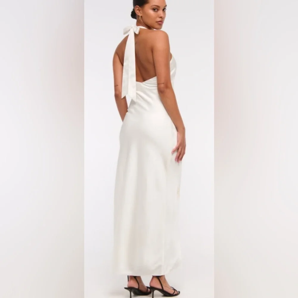 A&F Julia Slip Halter Maxi Dress: White Satin w/ Pale Pink Flowers/Size Petite L